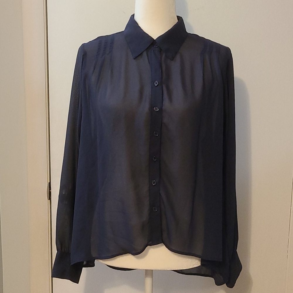 Mimi Chica Navy Blue Sheer Button-down Shirt